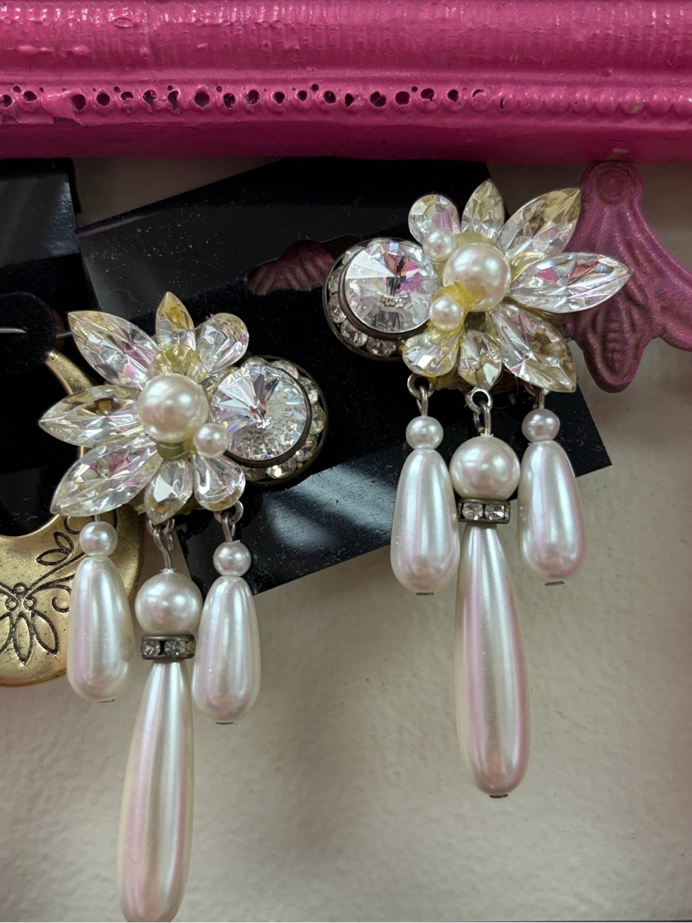 Vintage Pearl & Crystal Floral Drop Earrings - White